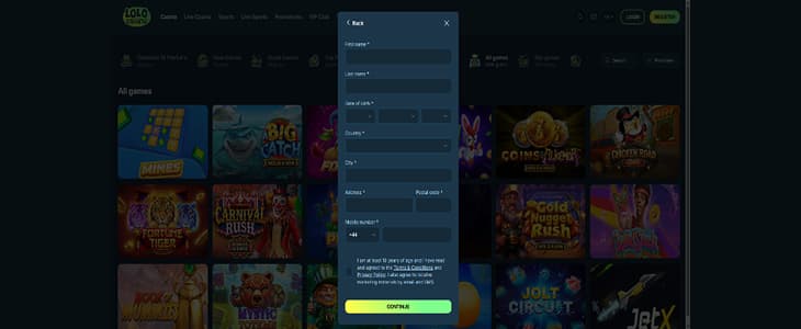 Lolo casino requested registration information