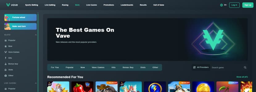 Vave casino homepage